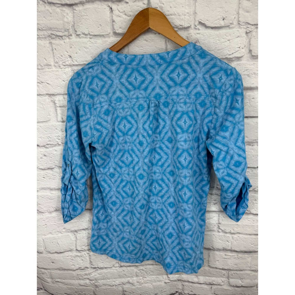 Fresh Produce Blue Tie Dye Geometric Print Henley Top Women's Small Coastal Boho - Picture 3 of 9